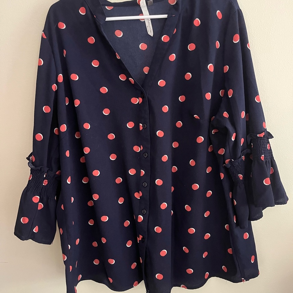 Collection B Navy and Red Polka Dot Blouse